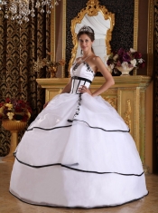 White Ball Gown Strapless Floor-length Satin and Organza Appliques Sweet 16 Dress