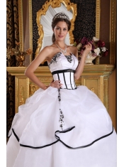 White Ball Gown Strapless Floor-length Satin and Organza Appliques Sweet 16 Dress