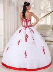 White Ball Gown Strapless Floor-length Satin and Organza Appliques Sweet 16 Dress