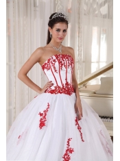 White Ball Gown Strapless Floor-length Satin and Organza Appliques Sweet 16 Dress