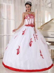 White Ball Gown Strapless Floor-length Satin and Organza Appliques Sweet 16 Dress