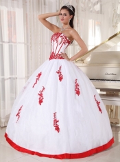 White Ball Gown Strapless Floor-length Satin and Organza Appliques Sweet 16 Dress