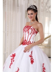 White Ball Gown Strapless Floor-length Satin and Organza Appliques Sweet 16 Dress