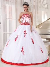 White Ball Gown Strapless Floor-length Satin and Organza Appliques Sweet 16 Dress