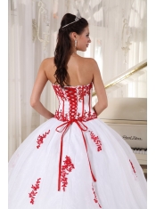 White Ball Gown Strapless Floor-length Satin and Organza Appliques Sweet 16 Dress