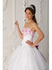White Ball Gown Strapless Floor-length Satin and Organza Embroidery Quinceanera Dress