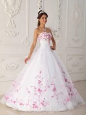 White Ball Gown Strapless Floor-length Satin and Organza Embroidery Quinceanera Dress