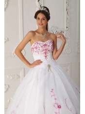 White Ball Gown Strapless Floor-length Satin and Organza Embroidery Quinceanera Dress
