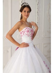 White Ball Gown Strapless Floor-length Satin and Organza Embroidery Quinceanera Dress