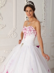 White Ball Gown Strapless Floor-length Satin and Organza Embroidery Quinceanera Dress