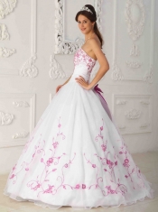 White Ball Gown Strapless Floor-length Satin and Organza Embroidery Quinceanera Dress