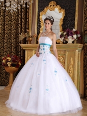 White Ball Gown Strapless Floor-length Satin and Tulle Appliques Quinceanera Dress