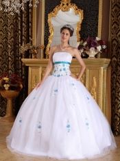 White Ball Gown Strapless Floor-length Satin and Tulle Appliques Quinceanera Dress