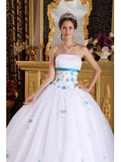 White Ball Gown Strapless Floor-length Satin and Tulle Appliques Quinceanera Dress