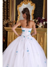 White Ball Gown Strapless Floor-length Satin and Tulle Appliques Quinceanera Dress