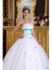 White Ball Gown Strapless Floor-length Satin and Tulle Appliques Quinceanera Dress