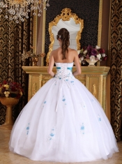 White Ball Gown Strapless Floor-length Satin and Tulle Appliques Quinceanera Dress