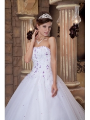 White Ball Gown Strapless Floor-length Satin and Tulle Embroidery Quinceanera Dress