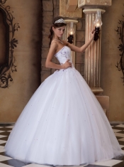 White Ball Gown Strapless Floor-length Satin and Tulle Embroidery Quinceanera Dress