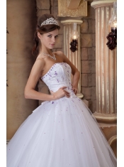 White Ball Gown Strapless Floor-length Satin and Tulle Embroidery Quinceanera Dress