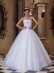White Ball Gown Strapless Floor-length Satin and Tulle Embroidery Quinceanera Dress