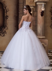 White Ball Gown Strapless Floor-length Satin and Tulle Embroidery Quinceanera Dress