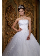 White Ball Gown Strapless Floor-length Satin and Tulle Lace Quinceanera Dress