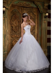 White Ball Gown Strapless Floor-length Satin and Tulle Lace Quinceanera Dress