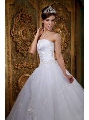 White Ball Gown Strapless Floor-length Satin and Tulle Lace Quinceanera Dress