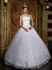 White Ball Gown Strapless Floor-length Satin and Tulle Lace Quinceanera Dress