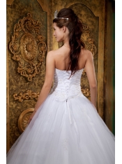 White Ball Gown Strapless Floor-length Satin and Tulle Lace Quinceanera Dress