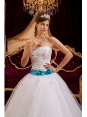 White Ball Gown Strapless Floor-length Satin   Appliques White Quinceanera Dress