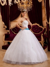 White Ball Gown Strapless Floor-length Satin   Appliques White Quinceanera Dress
