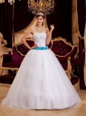 White Ball Gown Strapless Floor-length Satin Appliques White Quinceanera Dress