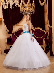 White Ball Gown Strapless Floor-length Satin   Appliques White Quinceanera Dress