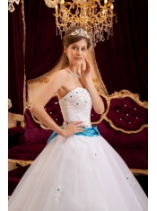 White Ball Gown Strapless Floor-length Satin   Appliques White Quinceanera Dress