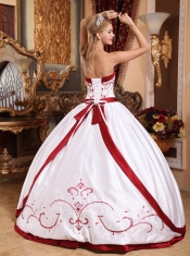 White Ball Gown Strapless Floor-length Satin Embroidery Quinceanera Dress