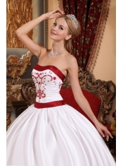 White Ball Gown Strapless Floor-length Satin Embroidery Quinceanera Dress