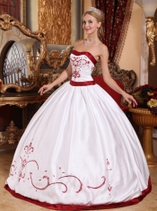 White Ball Gown Strapless Floor-length Satin Embroidery Quinceanera Dress