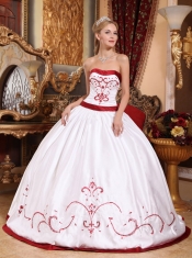 White Ball Gown Strapless Floor-length Satin Embroidery Quinceanera Dress