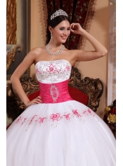 White Ball Gown Strapless Floor-length Taffeta and Tulle Appliques Quinceanera Dress