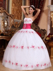 White Ball Gown Strapless Floor-length Taffeta and Tulle Appliques Quinceanera Dress