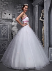 White Ball Gown Strapless Floor-length Taffeta and Tulle Beading and Appliques  Quinceanera Dress
