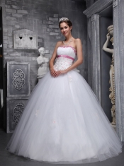 White Ball Gown Strapless Floor-length Taffeta and Tulle Beading and Appliques  Quinceanera Dress