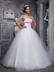 White Ball Gown Strapless Floor-length Taffeta and Tulle Beading and Appliques  Quinceanera Dress