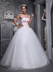 White Ball Gown Strapless Floor-length Taffeta and Tulle Beading and Appliques Quinceanera Dress