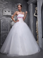 White Ball Gown Strapless Floor-length Taffeta and Tulle Beading and Appliques  Quinceanera Dress