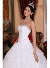 White Ball Gown Sweetheart Floor-length Taffeta and Tulle Beading Quinceanera Dress