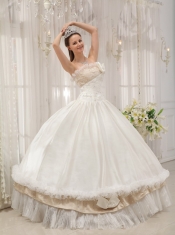 White Ball Gown Strapless Floor-length Taffeta Beading Quinceanera Dress