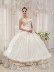 White Ball Gown Strapless Floor-length Taffeta Beading Quinceanera Dress